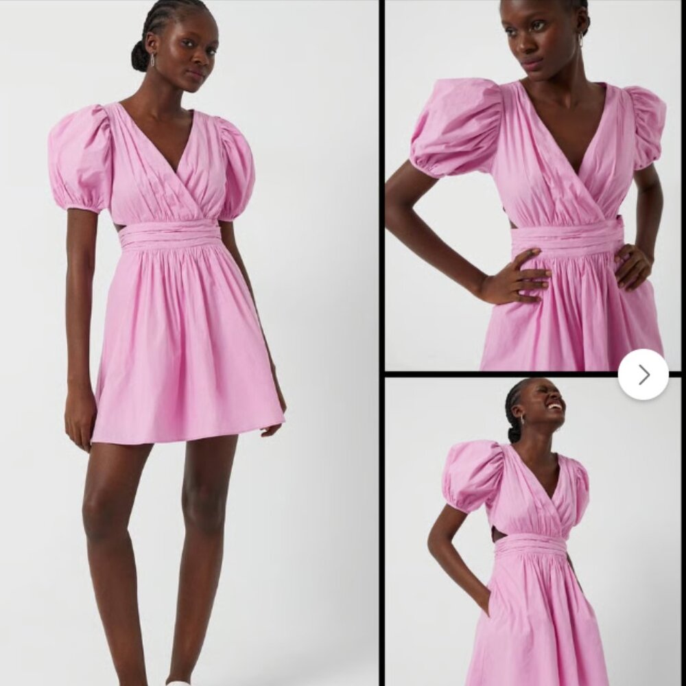 French Connection Rhodes Poplin Babydoll Pink V-Neck Dress In Morning Glory sz 2
